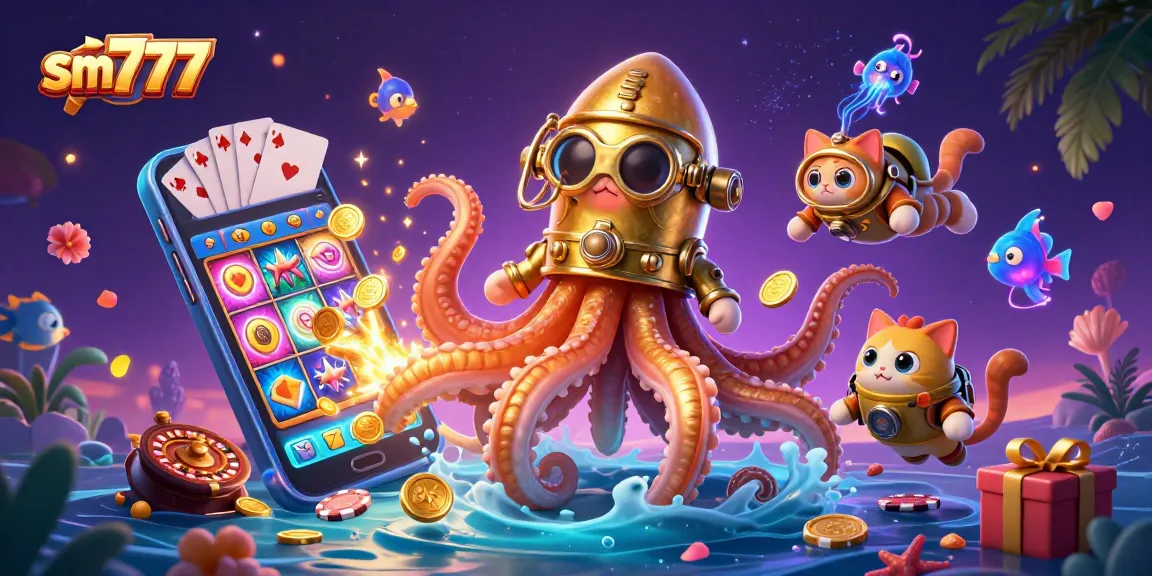 Join the fun at sm777 with a kraken and diving cat amid vibrant casino gaming elements.