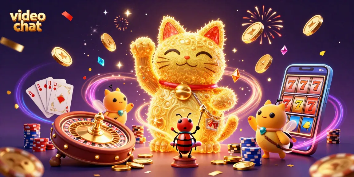 Experience immersive video chat with lucky symbols and casino elements in this vibrant 3D rendering.