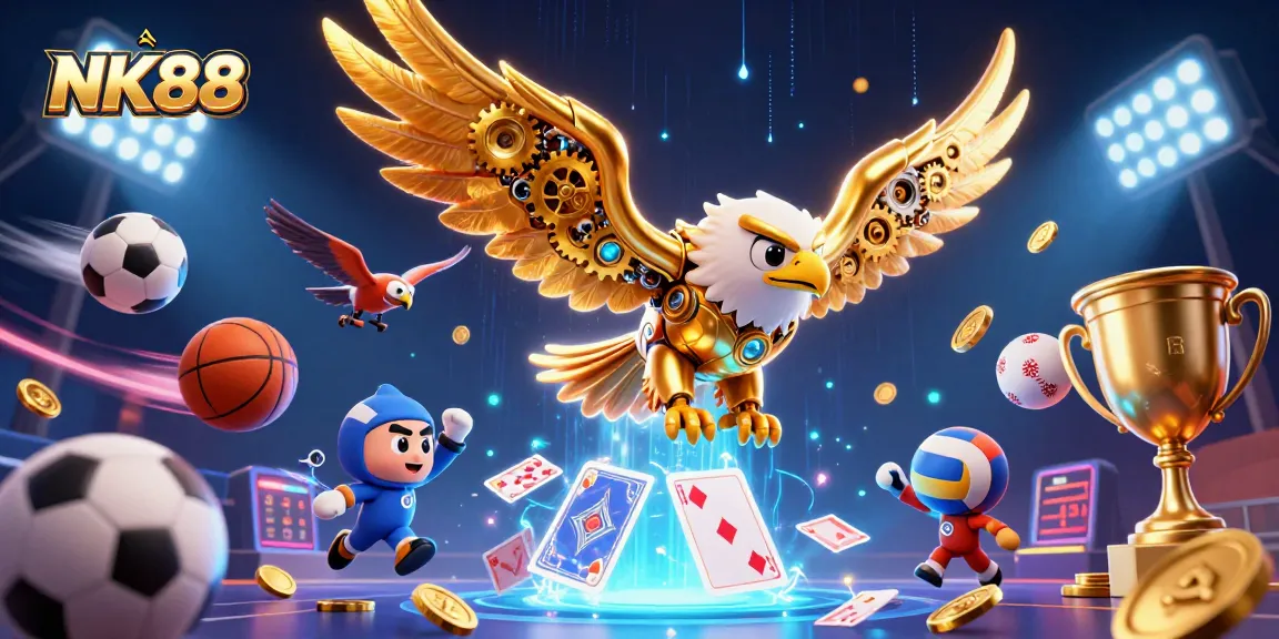Engage with NK88's thrilling casino experience, highlighted by a cybernetic eagle soaring through vibrant gaming action.