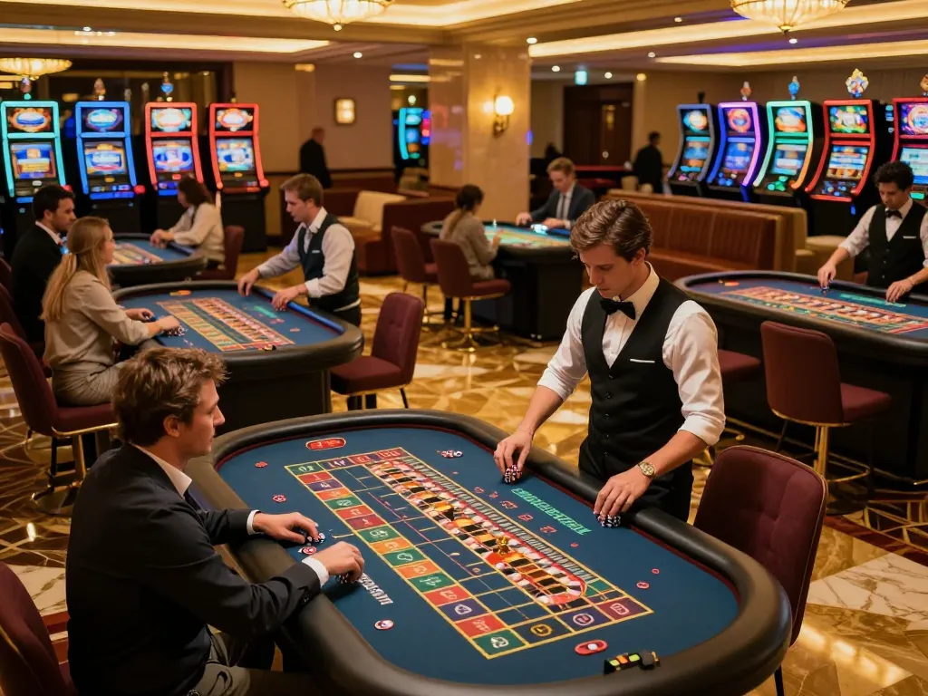 Exciting online casino experience at VB88 with players engaged at roulette and vibrant ambiance.