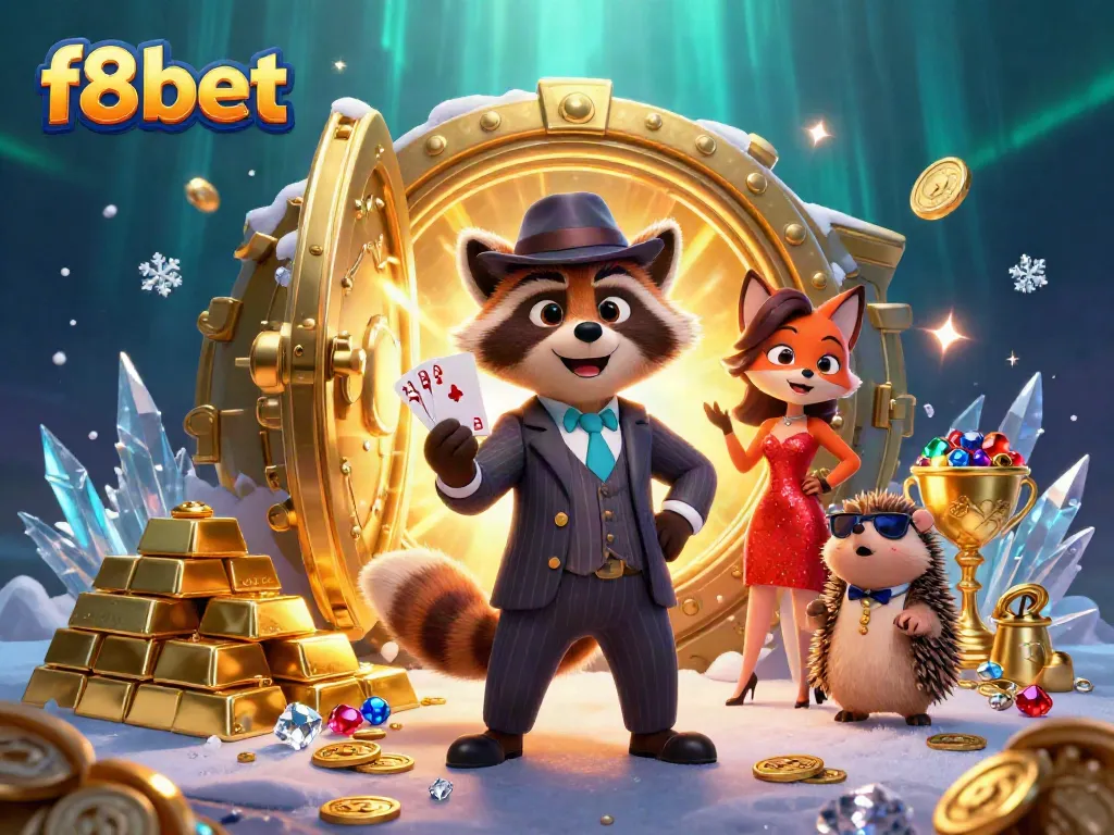 Join in the excitement with f8bet's suave raccoon and friends in a vibrant casino scene.