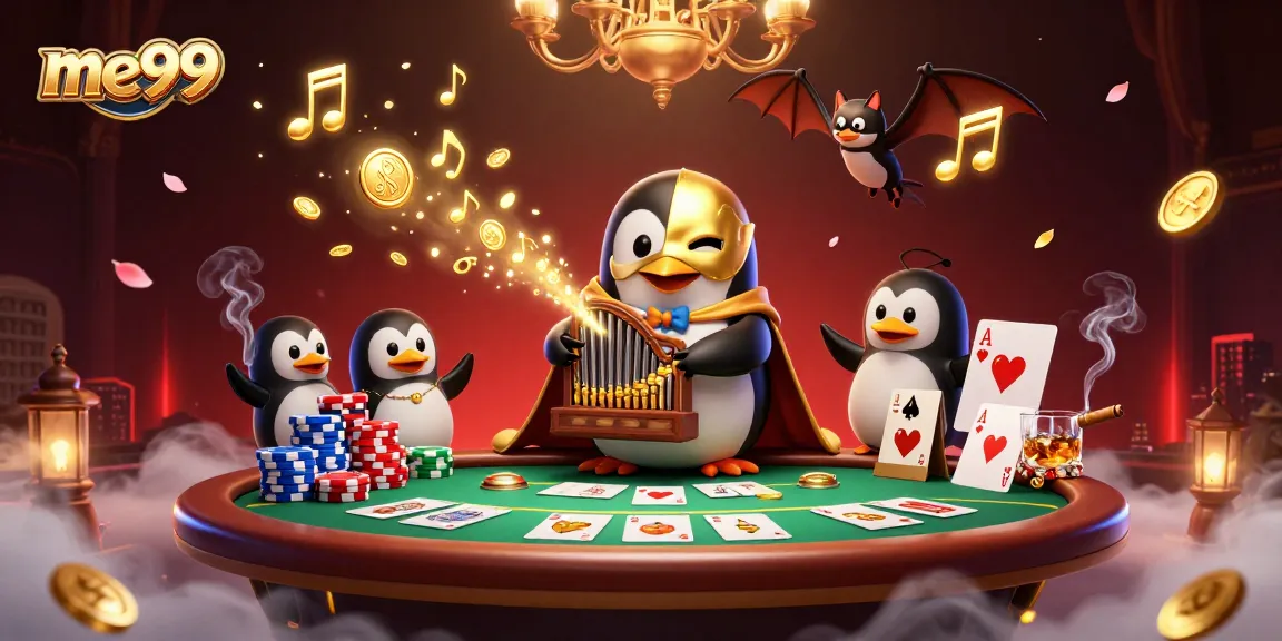 Catch thrilling me99 action with a phantom penguin playing organ, chips, and poker elements in a dynamic casino scene.