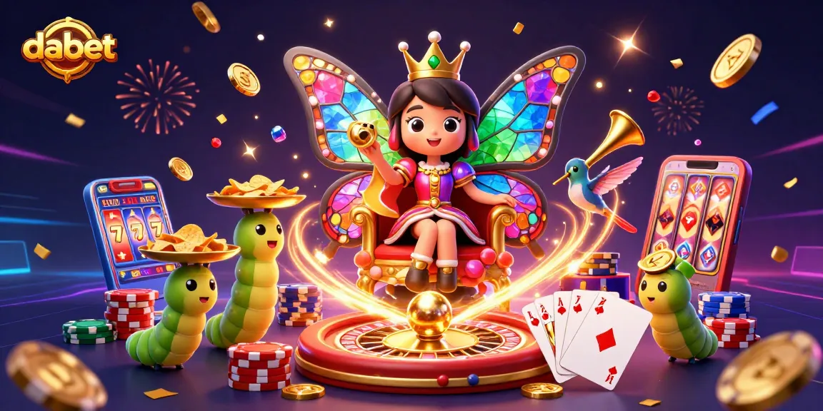 Dabet's vibrant casino universe with a butterfly queen and treasures animatedly celebrating, showcasing winning game elements.