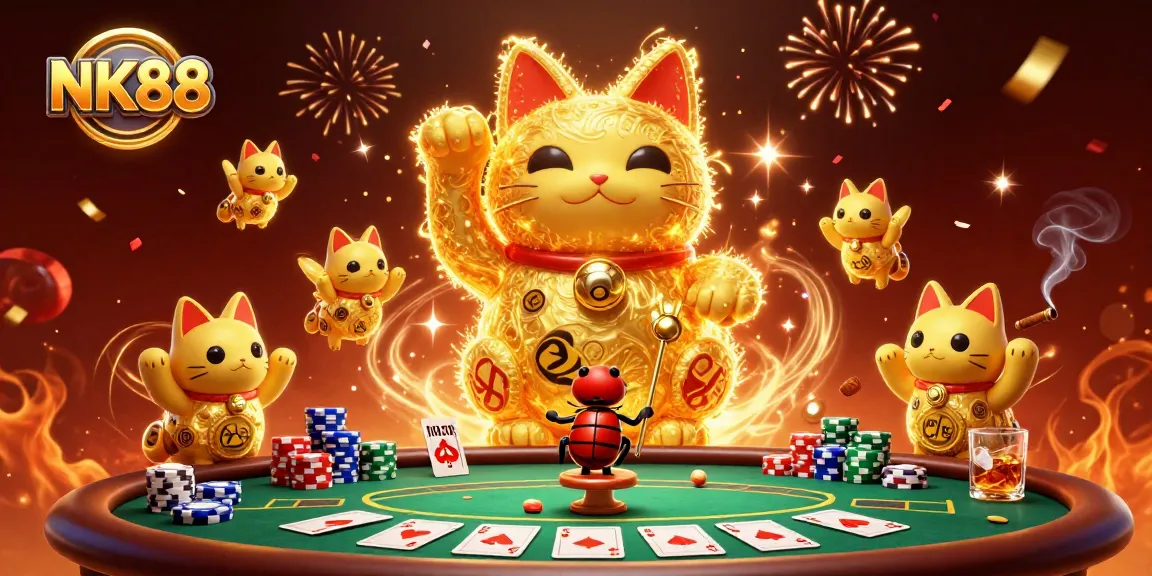 Experience a vibrant gaming scene with NK88's lucky cat and poker action
