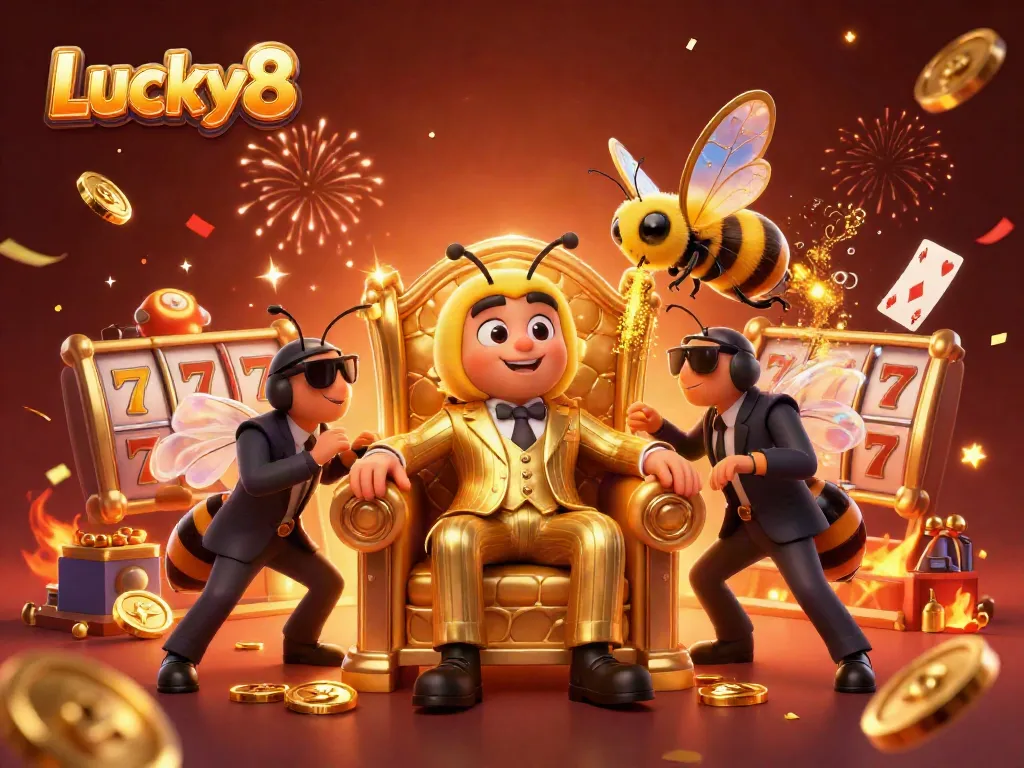 Experience the excitement of Lucky8 with a vibrant casino scene featuring colorful slot reels and animated characters.