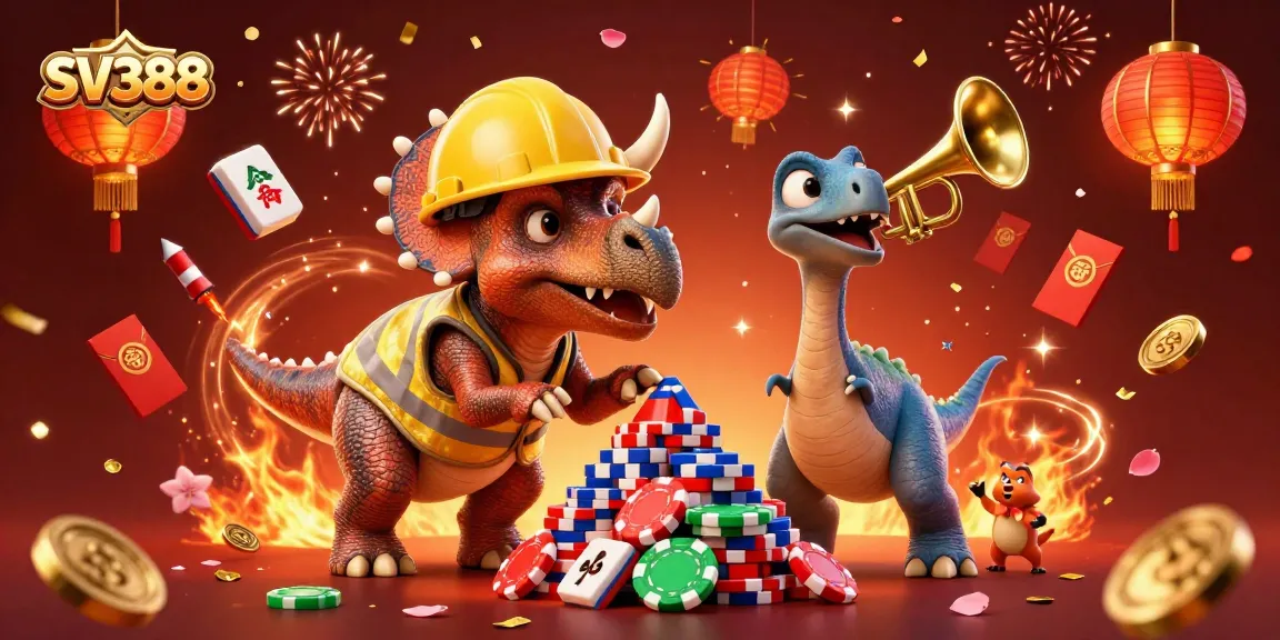 Engage in thrilling cockfighting action at SV388 with vibrant characters and festive casino elements.