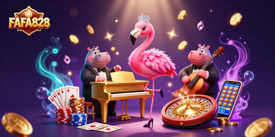 Join FAFA828's vibrant casino scene with flamingo singer and hippo bassist surrounded by sparkling gems.