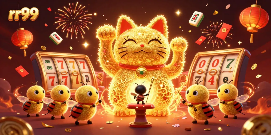 Enjoy the thrilling rr99 experience with vibrant visuals of a playful lucky cat in a casino scene.