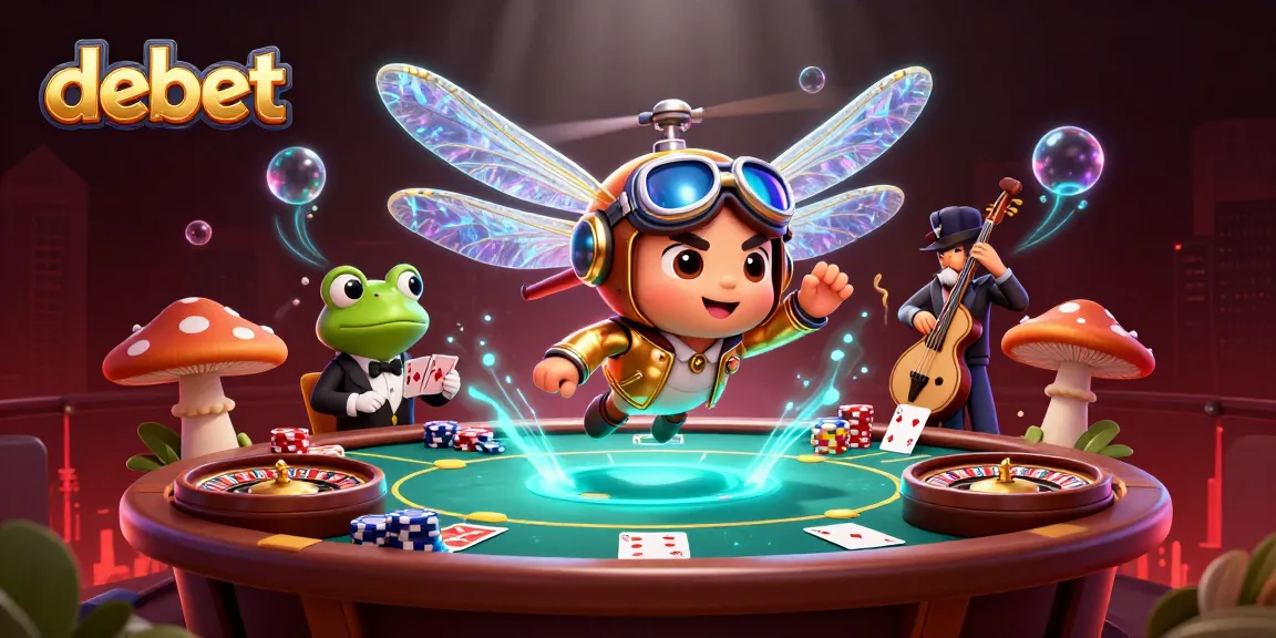Join the fun at Debet with a 3D dragonfly pilot and frog dealer in an animated casino scene