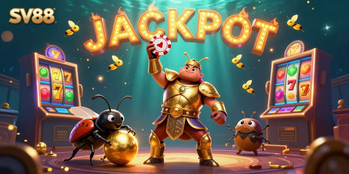 SV88 showcases a vibrant casino-themed illustration featuring beetles celebrating a jackpot with slot machines and golden coins.