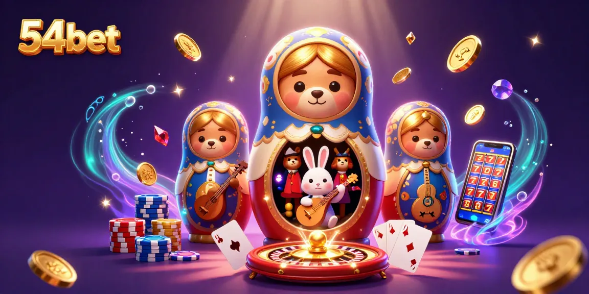 Engage with 54bet's vibrant casino atmosphere featuring 3D characters, gold coins, and slot machines.