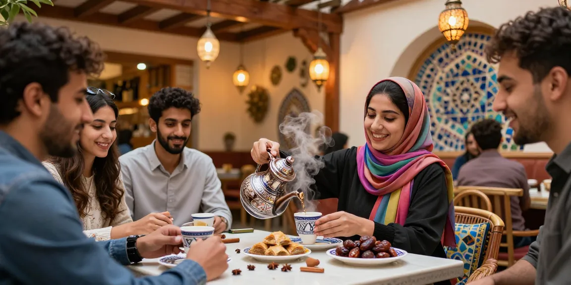 أصدقاء يستمتعون بأجواء دافئة حول قهوة قھوجیین في مقهى تقليدي.