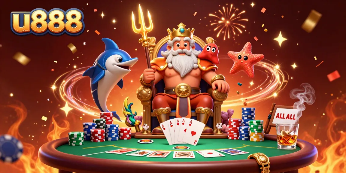 Engage with u888's vibrant casino world as Neptune presides over thrilling poker games.