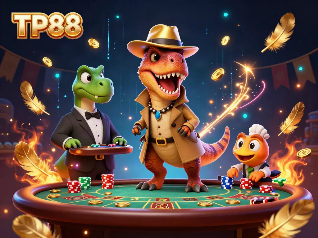 TP88 velociraptor card counter at a blackjack table amidst a vibrant casino atmosphere.