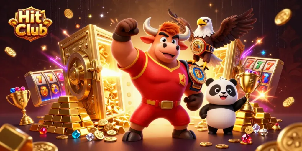 Hit Club spins for jackpots with a dynamic scene of animated casino characters surrounded by wealth.