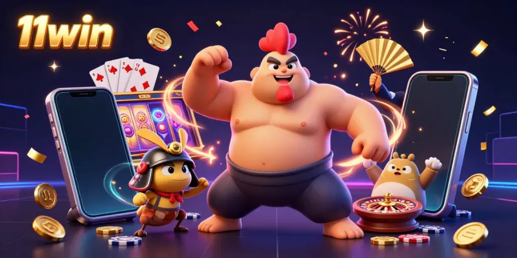 Dive into action with 11win as the sumo wrestler rooster stomps amid vibrant slot game visuals.
