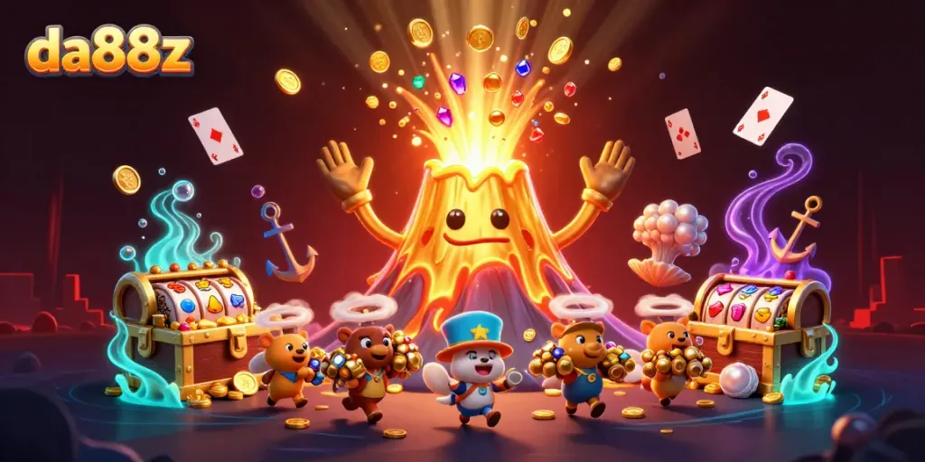 Experience thrilling wins at da88z with a golden volcano erupting coins, gems, and slot reels for big jackpots
