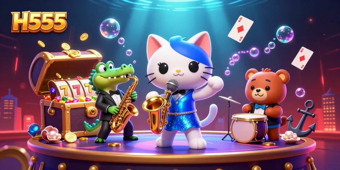 H555 offers a vibrant casino experience featuring a singing cat, saxophone crocodile, and drum-playing bear