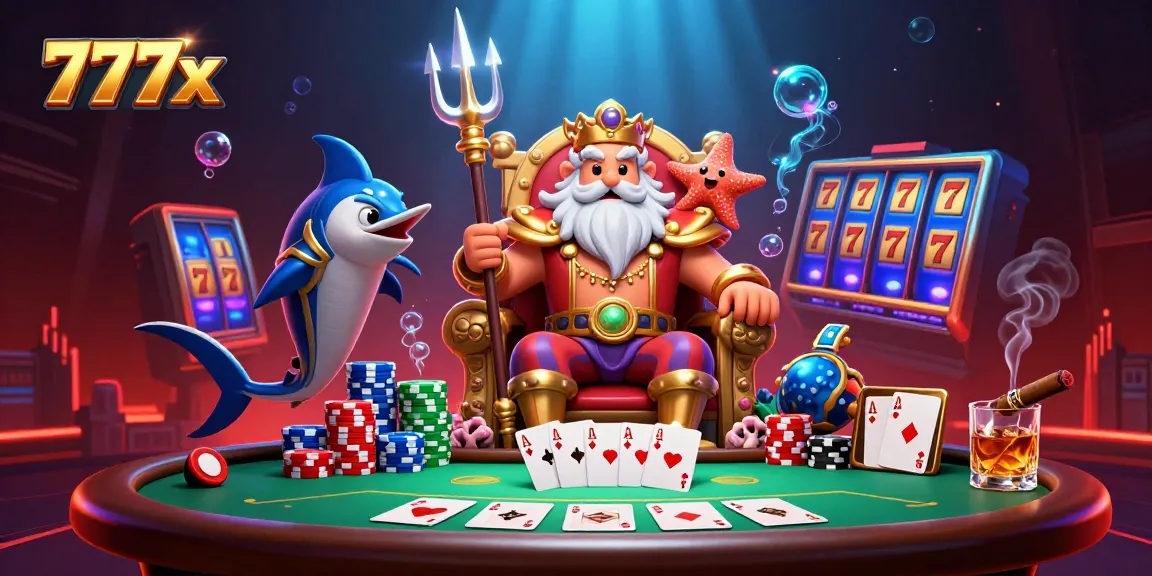 Engage with 777x in this ultra-detailed casino illustration featuring Neptune in vibrant underwater glory.