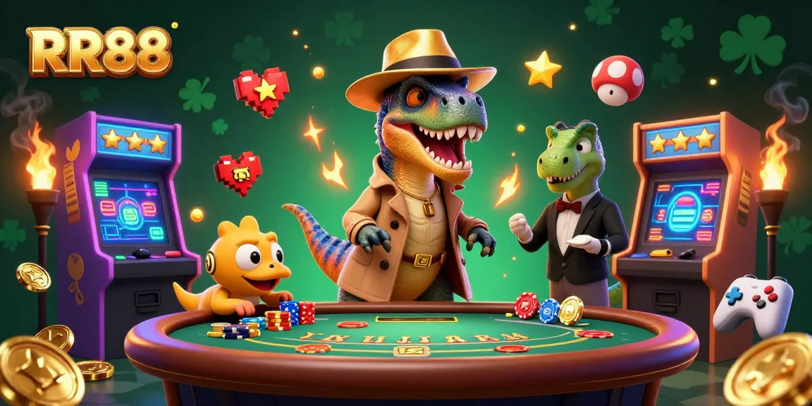 RR88 velociraptor card counter attempts to blend in at a blackjack table while surrounded by vibrant casino elements.