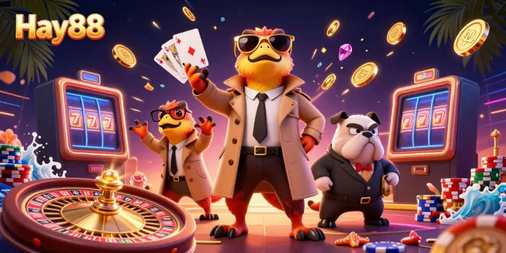 Experience thrilling gameplay at Hay88 as vibrant characters navigate a luxurious casino.