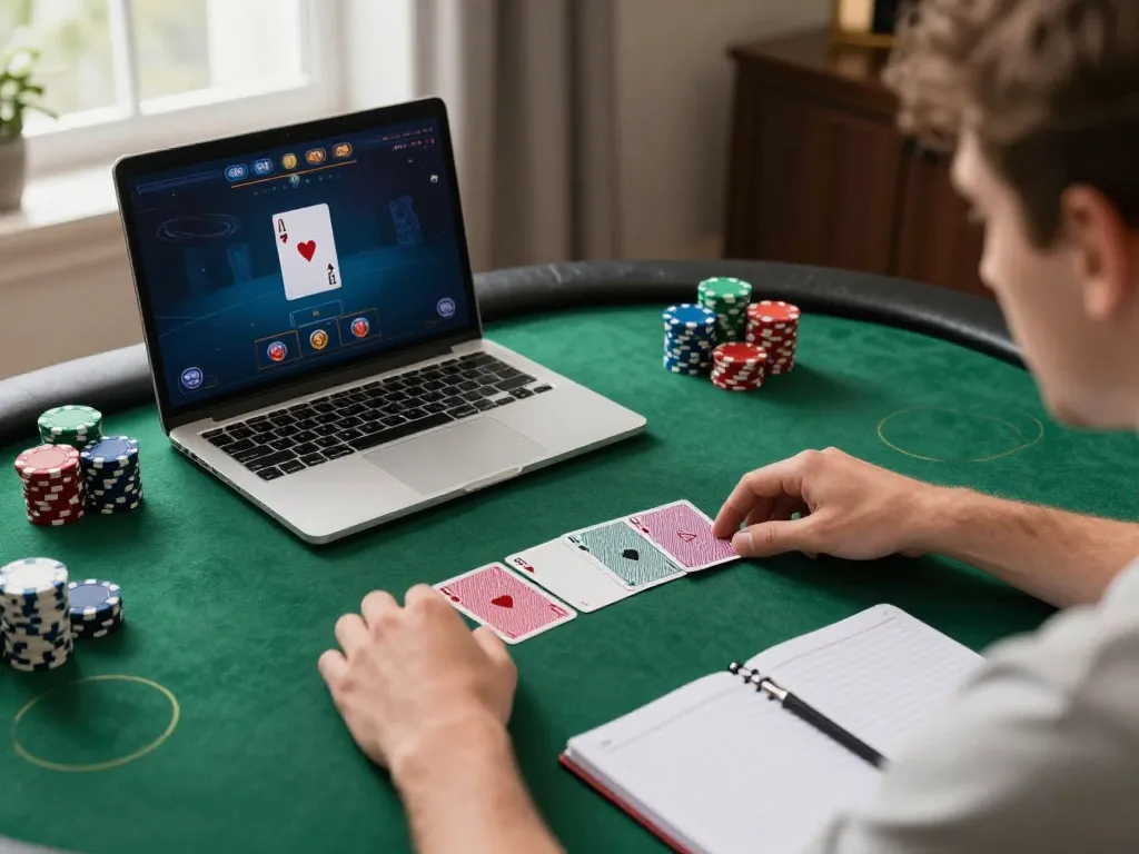 Engaged player on trang chủ B52CLUB using laptop for online poker, surrounded by strategic notes and chips.