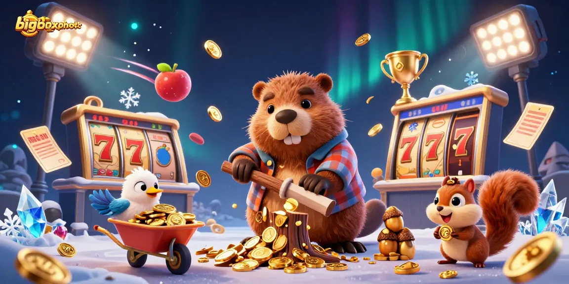 Experience thrilling wins at bigboxphoto with a vibrant beaver character in a casino-themed scene, raining gold.