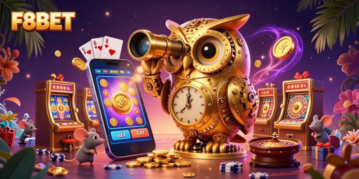 Engage with F8BET at a vibrant casino scene featuring a golden owl and dynamic game elements.