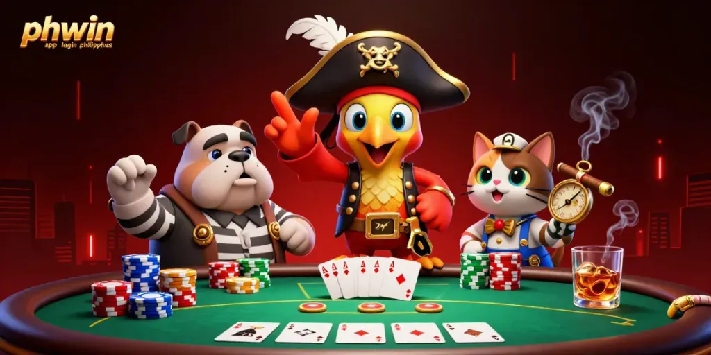 Experience excitement with phwin app login philippines, vibrant casino scene featuring poker elements and animated characters.