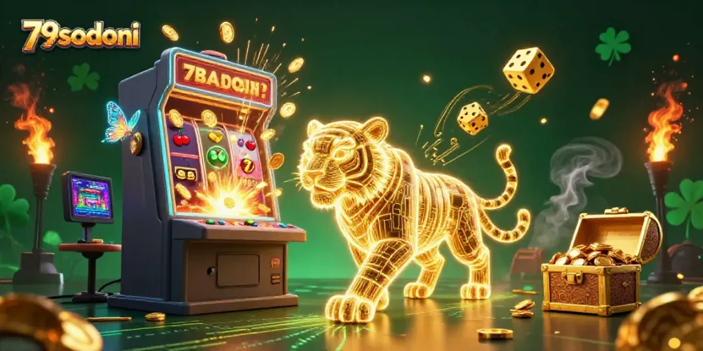 Experience the thrilling casino atmosphere with 79sodoni as a golden tiger and holographic butterflies explore the vibrant scene.