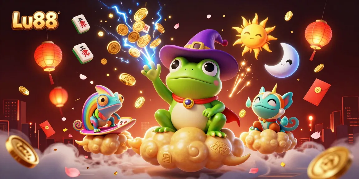 Lu88 gaming experience showcased with a storm of coins, vibrant characters, and festive elements.