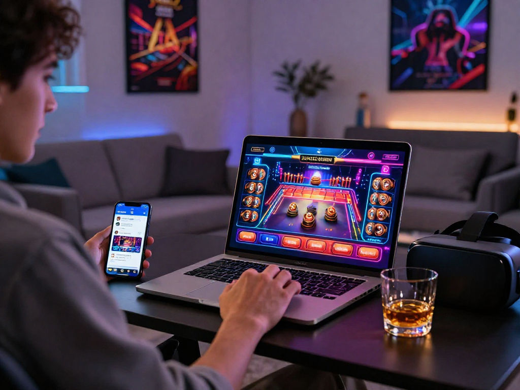 Giocatore in un moderno soggiorno mentre usa un laptop per giocare a casino non AAMS, con decorazioni accattivanti e atmosfera invitante.