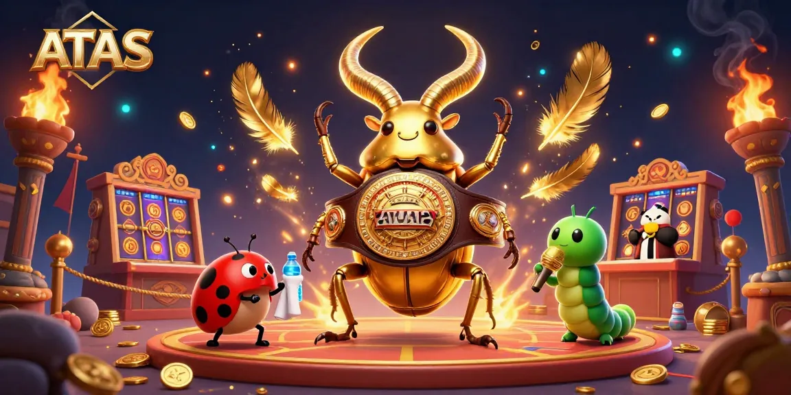 ATAS Casino's vibrant 3D illustration capturing lively gaming with a giant beetle champion.