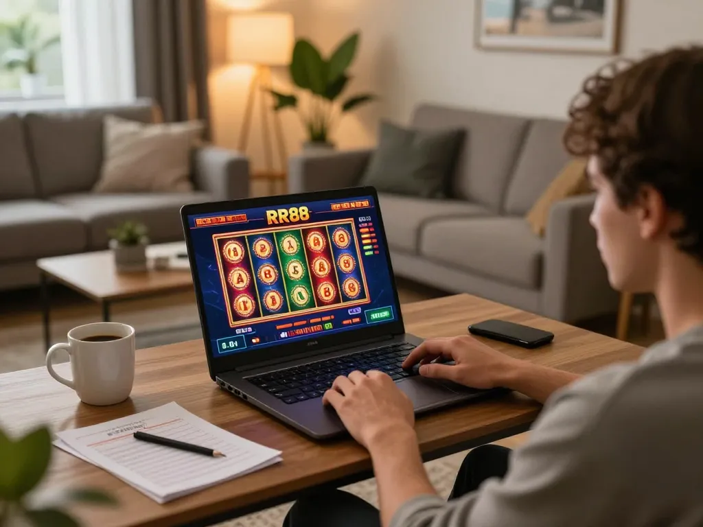 Player engaging with RR88 online slots in a cozy home gaming setup with warm lighting.