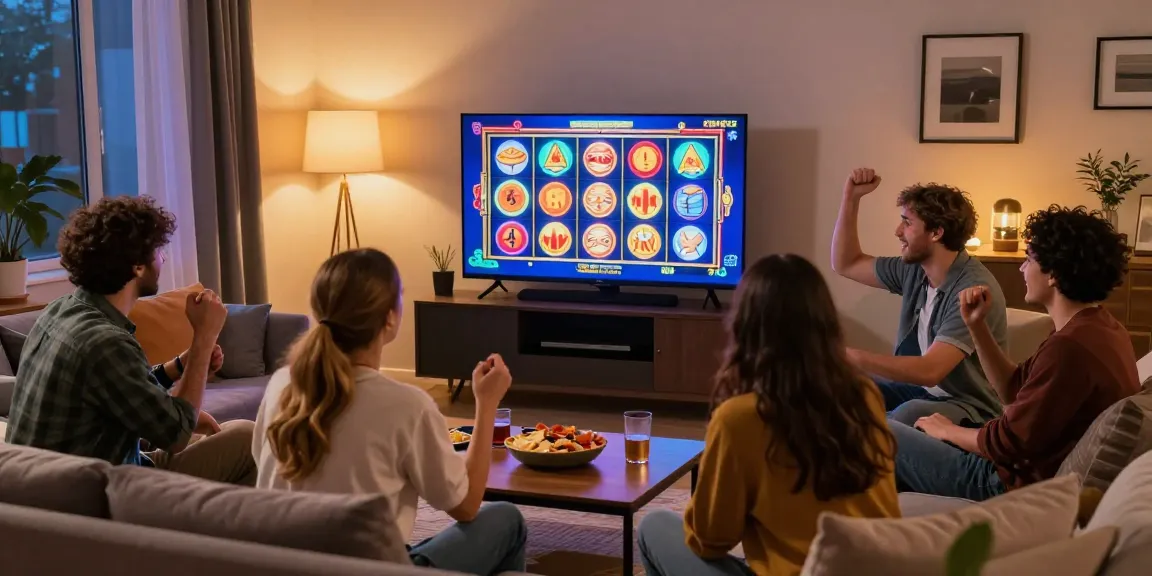 Pemain slot online bersenang-senang di ruang tamu, menampilkan grafik berwarna dan suasana akrab.