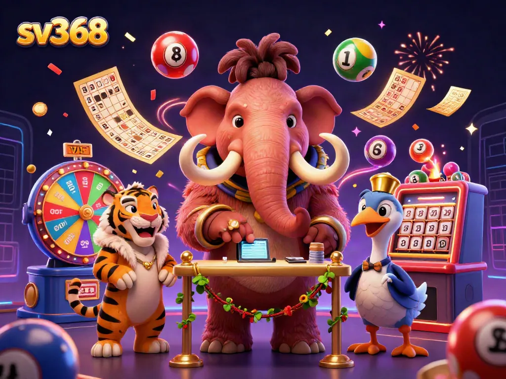 Experience the vibrant energy of sv368 with a dynamic 3D casino scene featuring charming characters and festive elements.