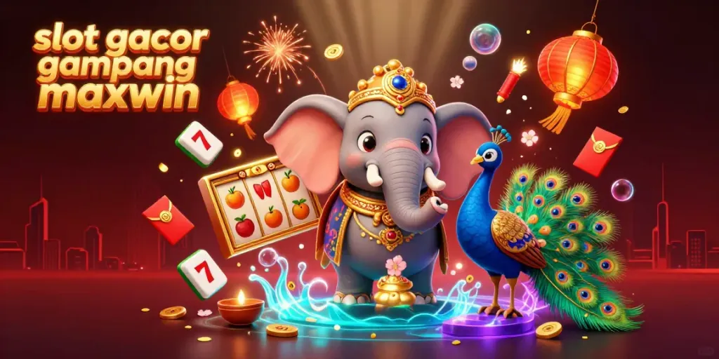 Spin for thrills with slot gacor gampang maxwin, featuring vibrant 3D elements like elephants and winning symbols.