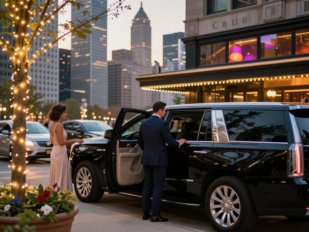 Premium Cadillac Escalade chauffeur service in the Chicago & Metro Area during sunset, delivering luxury and elegance.