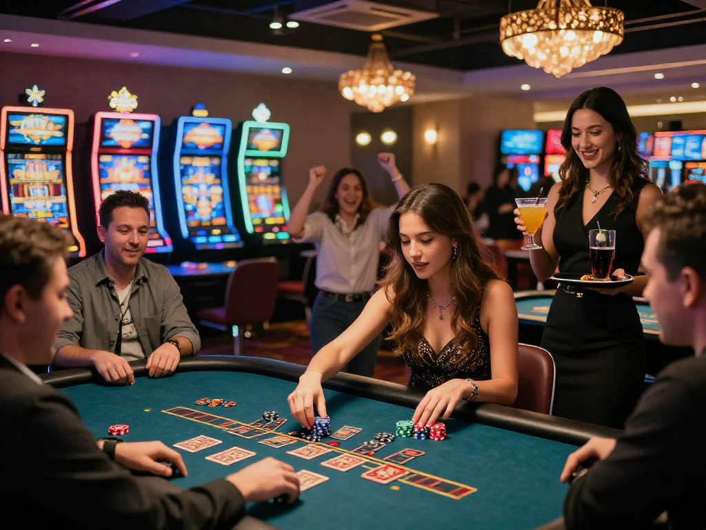 Un gruppo vivace gioca attorno a un tavolo del casinò non aams, evidenziando l'eccitazione e l'atmosfera di festa.