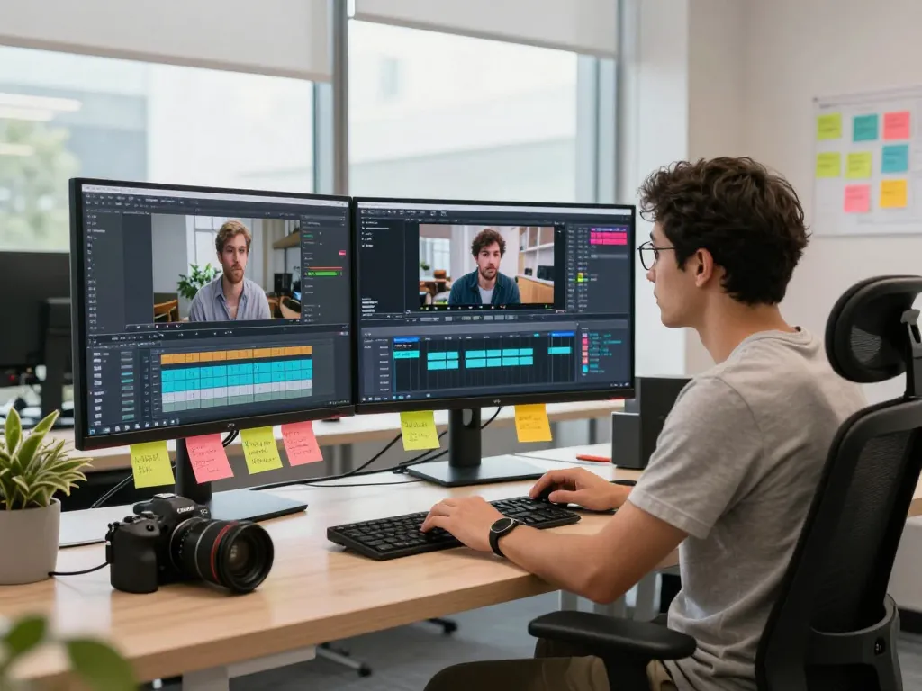 Video to prompt generator in a modern workspace showing editing software on monitors and video analysis tools in a vibrant office setting.