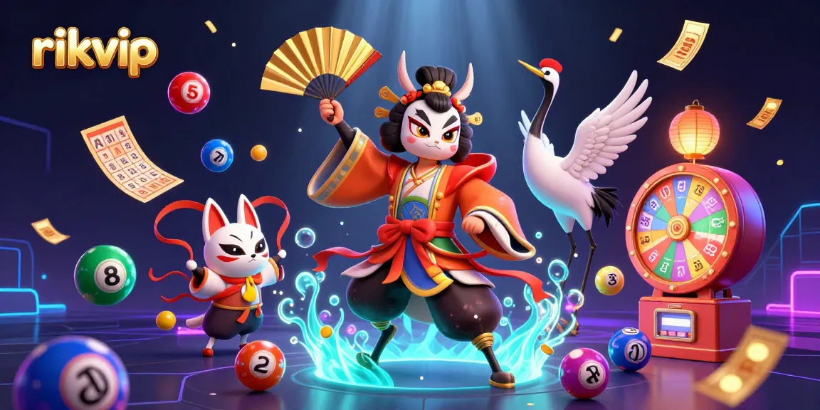 Join the excitement at rikvip as colorful lottery balls bounce around kabuki characters in a vibrant casino scene.