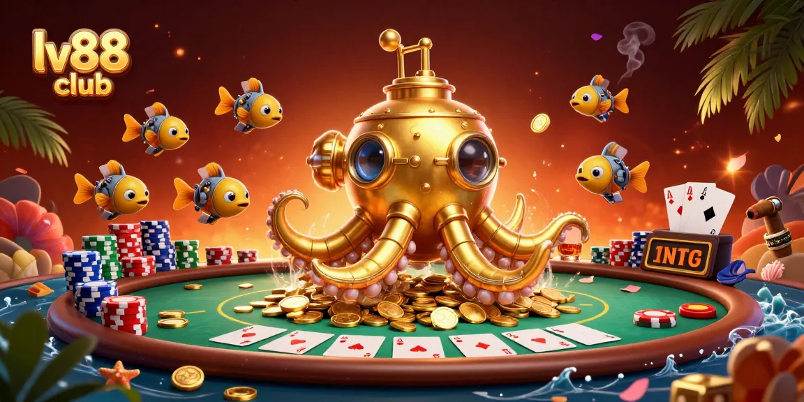 Experience thrilling gaming at lv88 club with a golden kraken submarine and poker elements