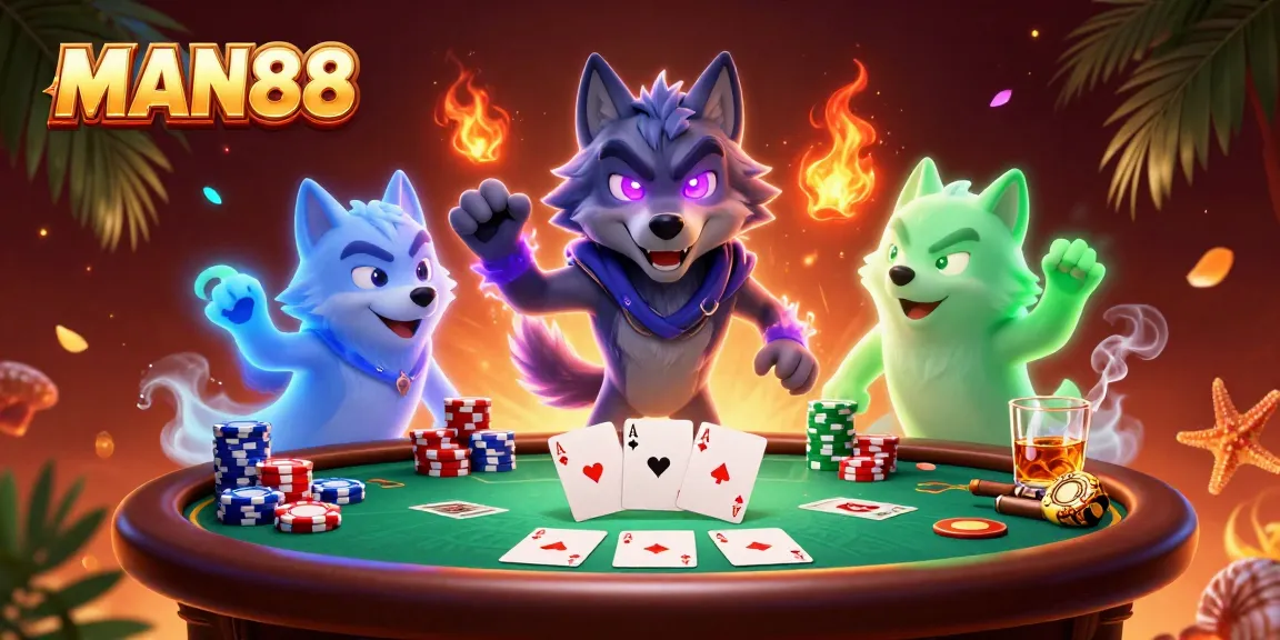 Engage with MAN88 in an exciting poker scene with a ghostly wolf pack leader.