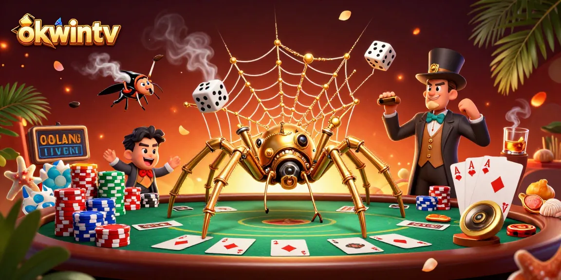 Engage with thrilling poker action at okwintv featuring a golden steampunk spider and dynamic game elements.