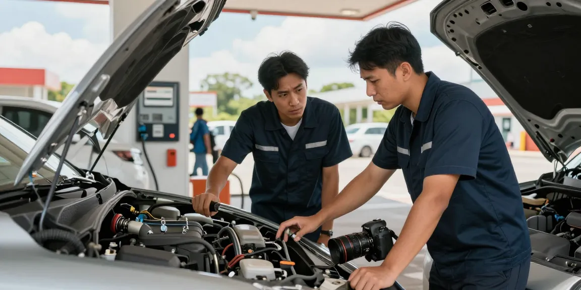 Wrong fuel in car recovery service at a fuel station with technician assisting driver.