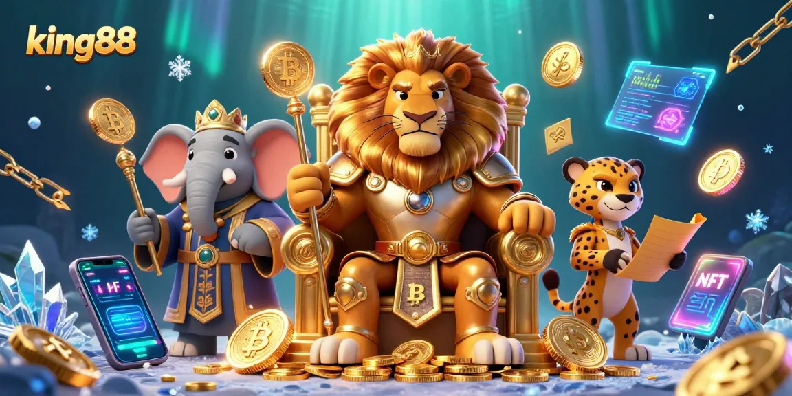 Experience king88 with a fierce lion king on a throne of coins amidst vibrant casino elements.