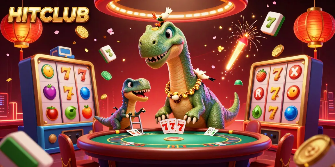 Engage with HITCLUB's casino excitement as a dinosaur deals cards in a vibrant gambling scene.
