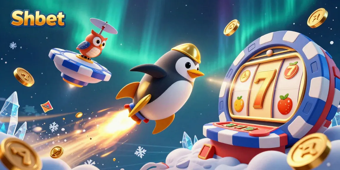 Experience the excitement of Shbet with a vibrant 3D illustration depicting a rocket-powered penguin soaring through a casino-themed space.