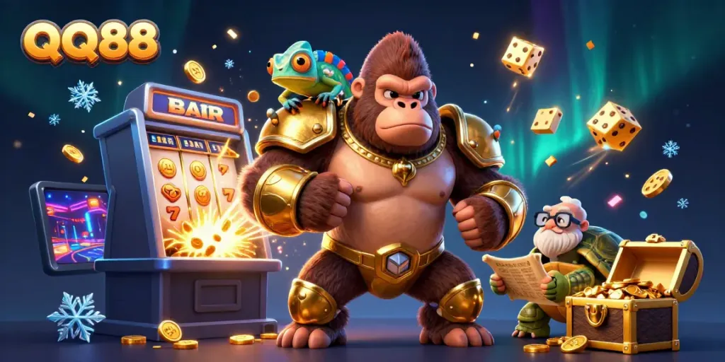 Experience thrilling jackpots and vibrant casino action at QQ88 with dynamic characters and elements.