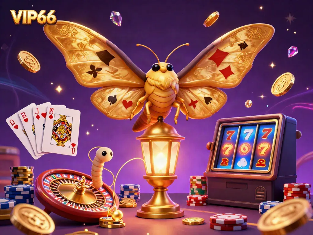 Explore the vibrant VIP66 casino world filled with golden coins, spinning roulette, and playful elements.
